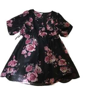 Xhilaration Black Floral Tie-Front Mini Dress Women’s Large Romantic chic boho